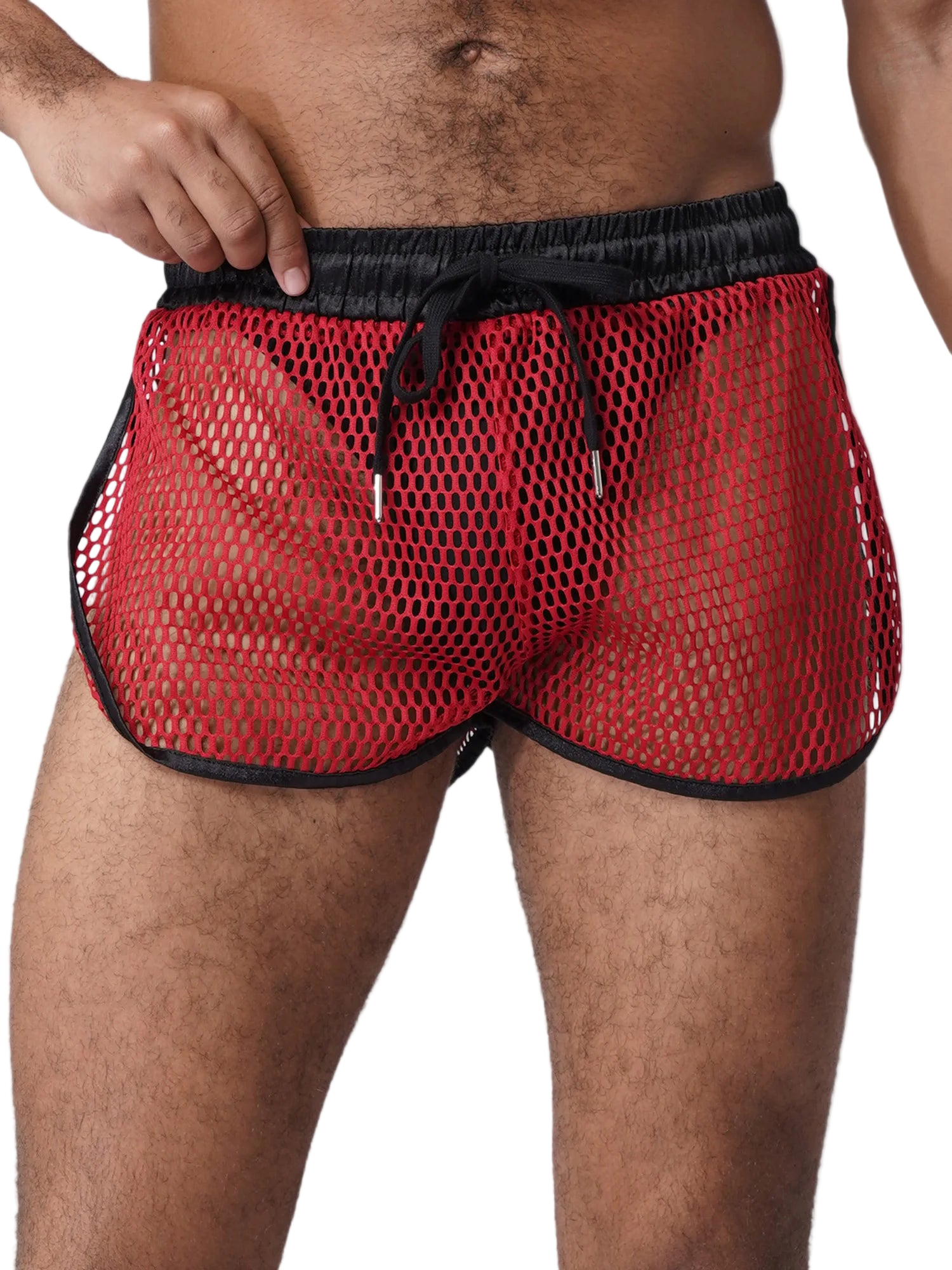 Red mesh shorts with black trim worn by a person on a white background