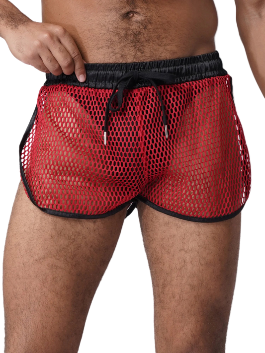 Red mesh shorts with black trim worn by a person on a white background