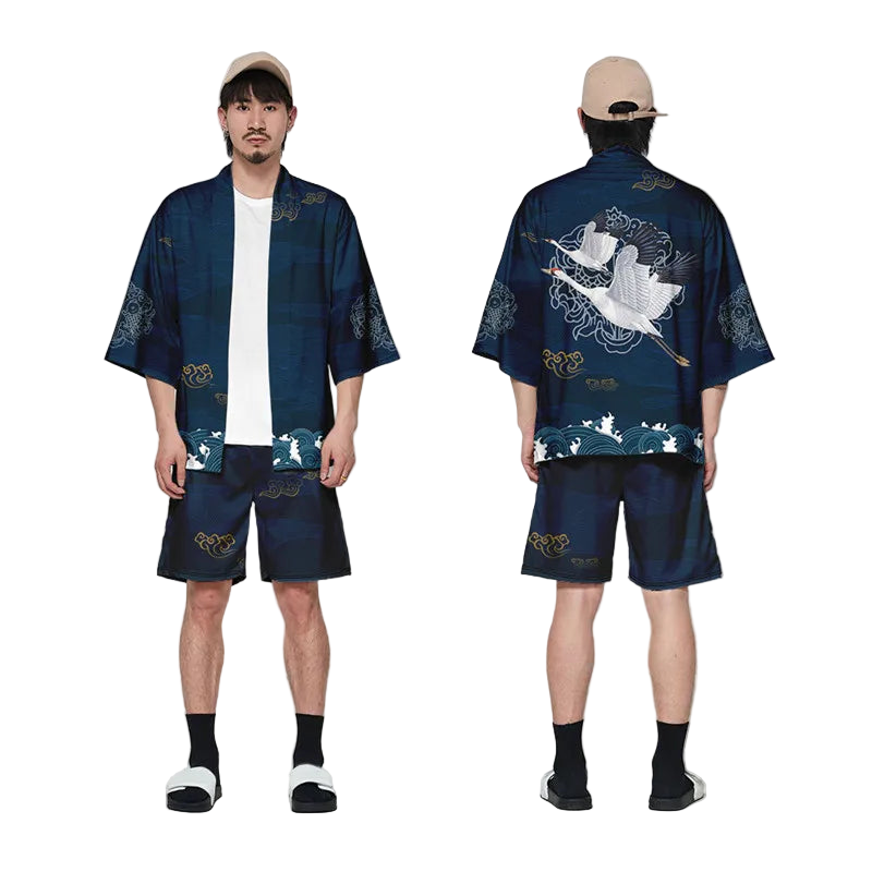 Man wearing a blue traditional outfit with white patterns, front and back views, on a white background.