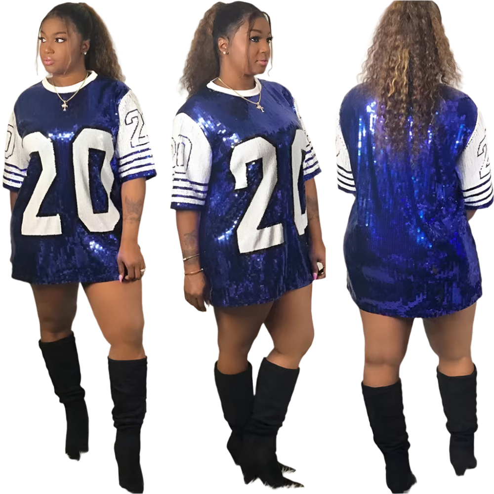 Long O-Neck T-shirt Party Club Blue and White 20 ZETA PHI BETA Sequin Clothing