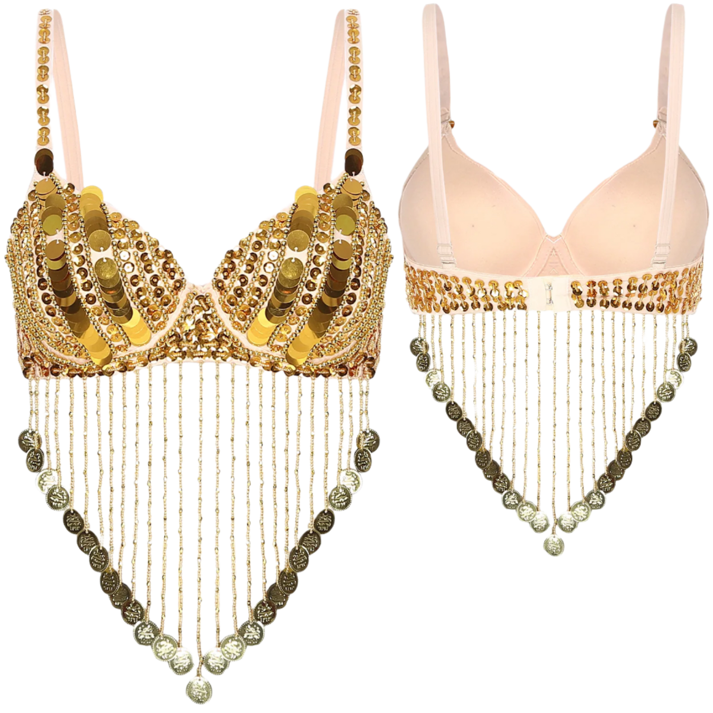 Women's Shiny Sequin Beaded Belly Dance Bra Tops with Tassels