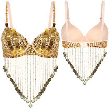 Women's Shiny Sequin Beaded Belly Dance Bra Tops with Tassels