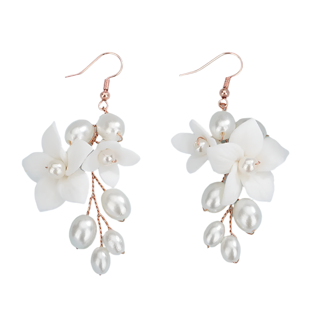 legant rose gold ceramic flower pearl earrings with matching headwear - perfect for resort weddings and romantic occasions