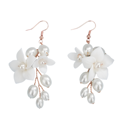 legant rose gold ceramic flower pearl earrings with matching headwear - perfect for resort weddings and romantic occasions