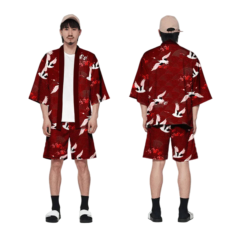 Person wearing a red kimono-style outfit with white crane patterns, shown from front and back.