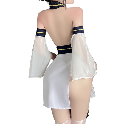 White dress with sheer sleeves and a high slit on a gray background