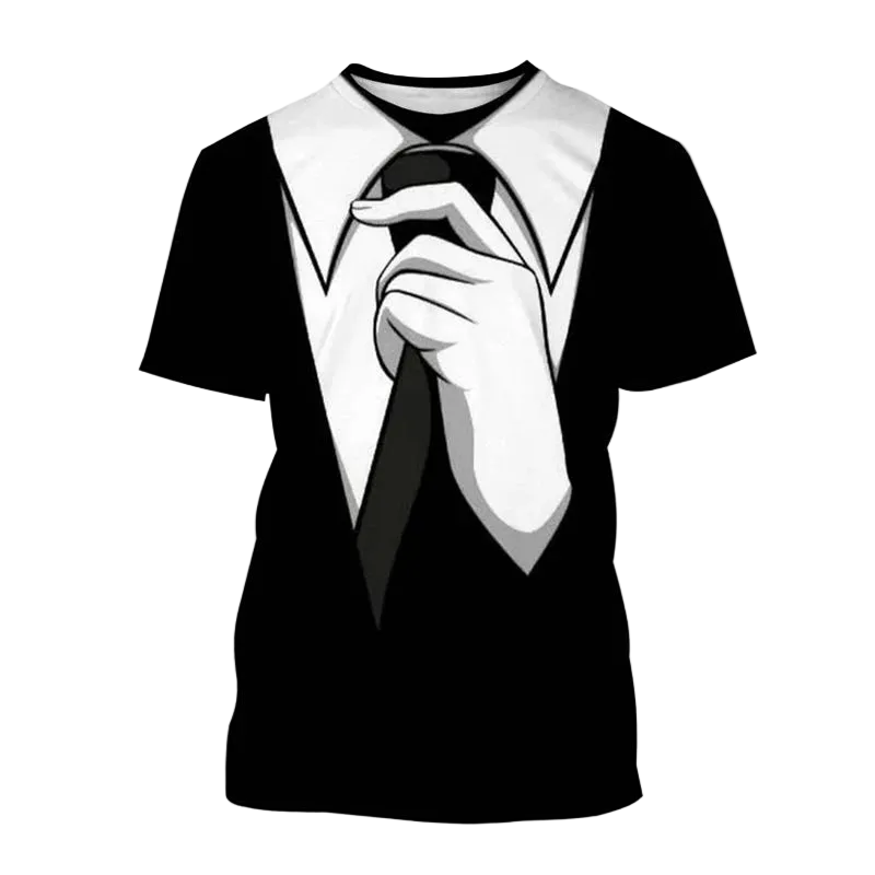 A black short-sleeve t-shirt with a graphic print of a white collared shirt and a hand holding a black tie, on a white background with the text 'Tan' in the top left corner.