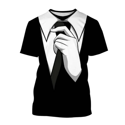 A black short-sleeve t-shirt with a graphic print of a white collared shirt and a hand holding a black tie, on a white background with the text 'Tan' in the top left corner.