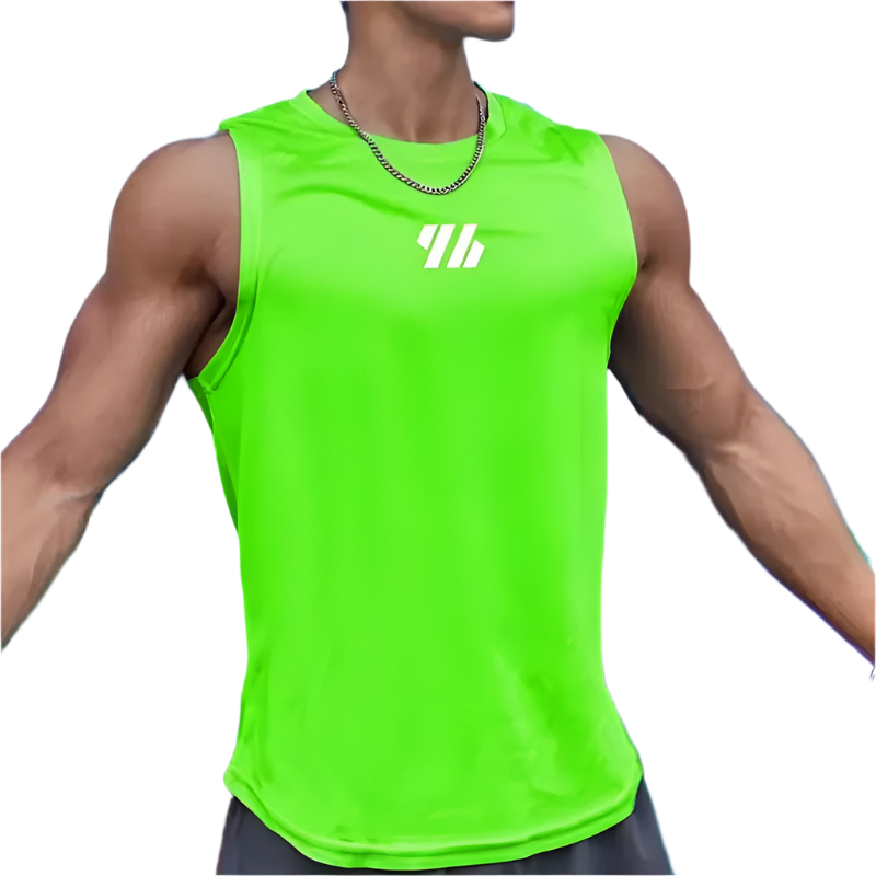 Person wearing a bright green sleeveless shirt with a logo against a colorful background