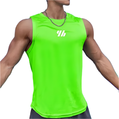 Person wearing a bright green sleeveless shirt with a logo against a colorful background