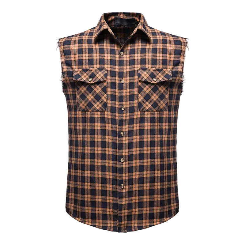 A men's sleeveless plaid button-up shirt in a brown and navy check pattern, featuring two buttoned chest pockets with frayed edges, 