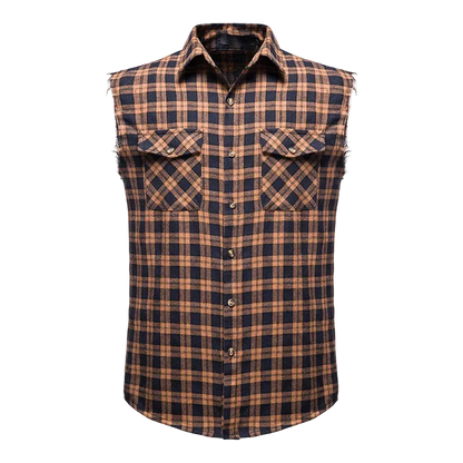 A men's sleeveless plaid button-up shirt in a brown and navy check pattern, featuring two buttoned chest pockets with frayed edges, 