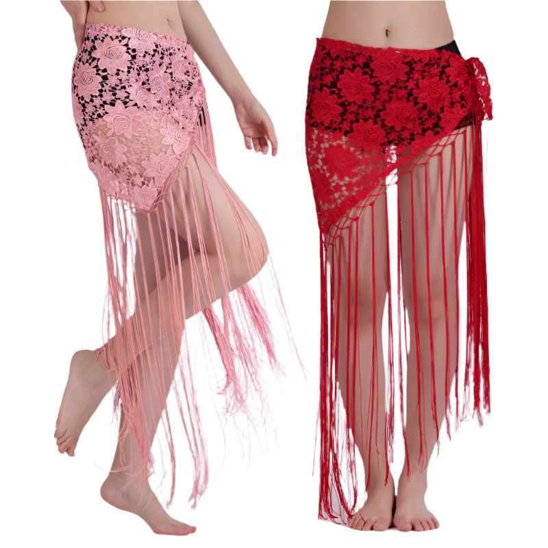 lace tassel belly dance hip scarf with Indian cultural design for resort performance wear
