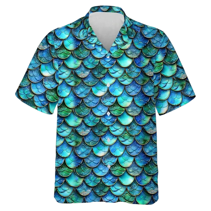A short-sleeve button-up camp shirt featuring an all-over mermaid scale pattern in shades of blue, teal, and green, displayed on a clean white background.