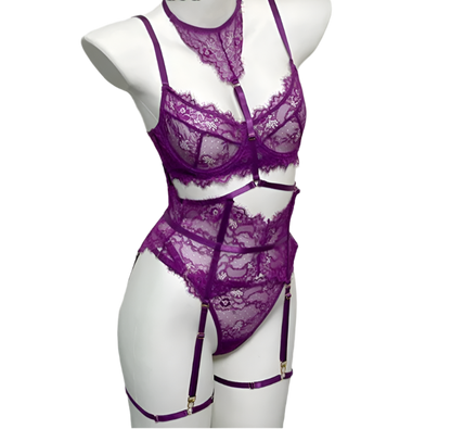 Purple lace lingerie set on a mannequin against a white background