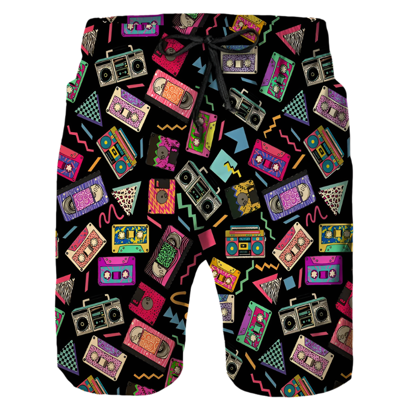 Retro Pattern Shorts: A pair of black shorts with a vibrant retro pattern featuring cassette tapes, boomboxes, and geometric shapes in various colors, adding a fun and nostalgic vibe.

