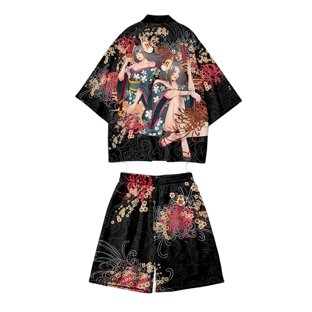 Traditional black kimono with colorful floral and geometric patterns on a white background.