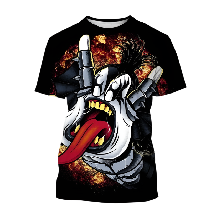 T-shirt with a graphic design of a skull with a bow and crossed swords on a fiery background.