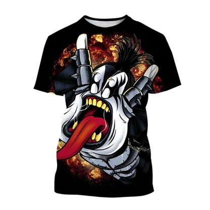 T-shirt with a graphic design of a skull with a bow and crossed swords on a fiery background.