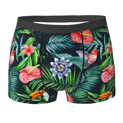 Men's tropical jungle print stretch boxer brief with high quality large size design for Hot Tropics Animal Instincts theme night resort wear