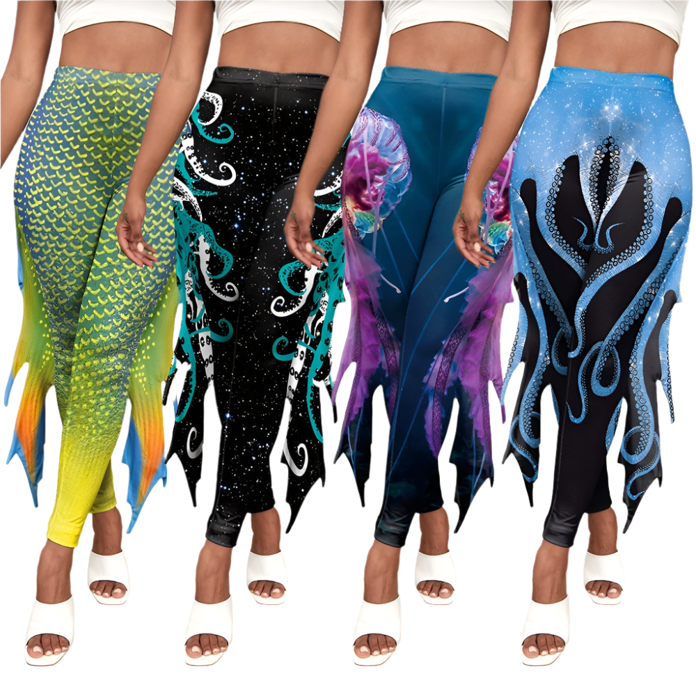 Shimmering fish scale mermaid leggings with octopus print and decorative fins for resort cosplay wear