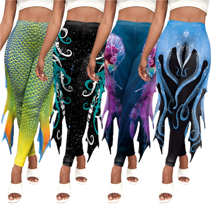 Shimmering fish scale mermaid leggings with octopus print and decorative fins for resort cosplay wear