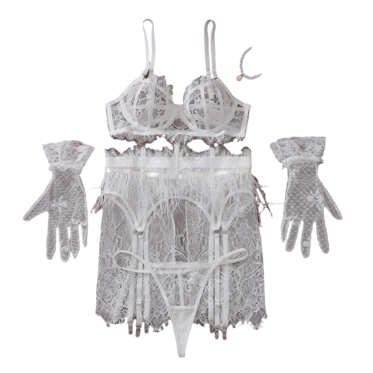 Luxury white feather lingerie set with lace suspenders and ethical design