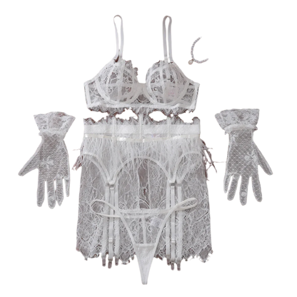 Luxury white feather lingerie set with lace suspenders and ethical design