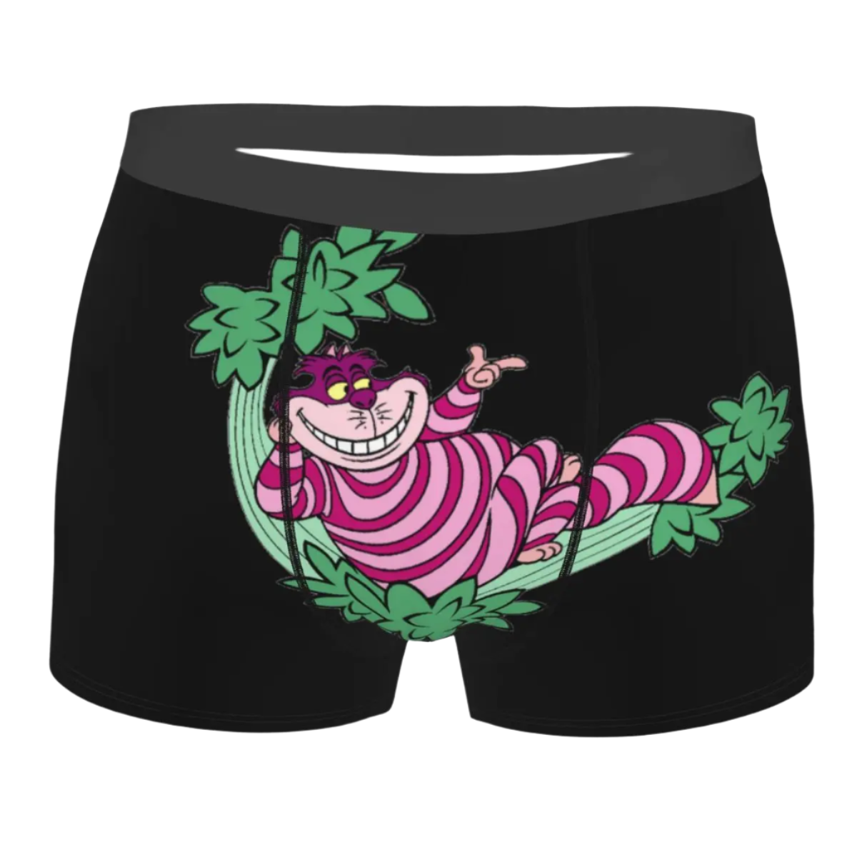 boxer shorts featuring the Cheshire Cat design from Alice in Wonderland, with glowing turquoise eyes and distinctive grinning teeth illuminated against a dark background.