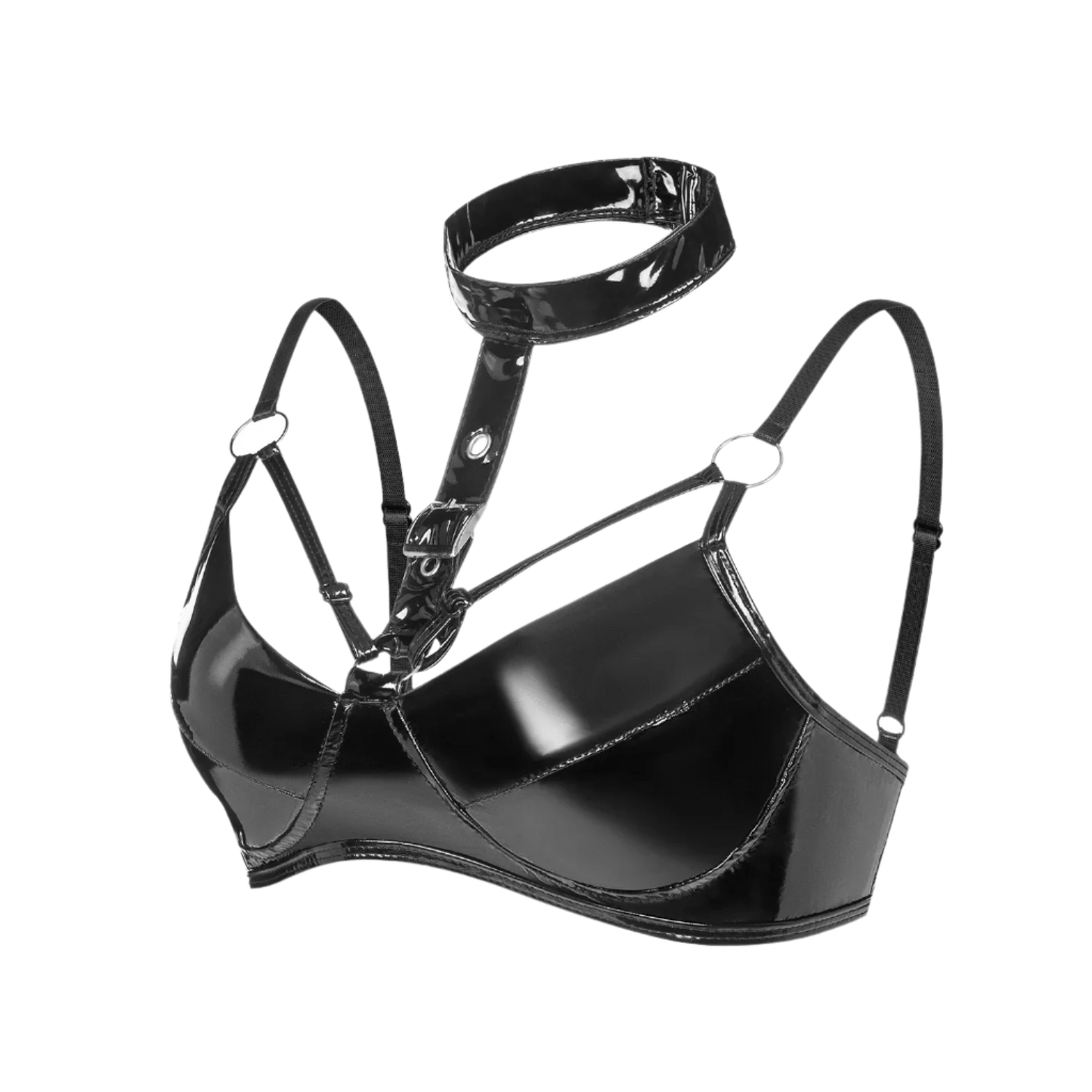Black vinyl harness on a white background