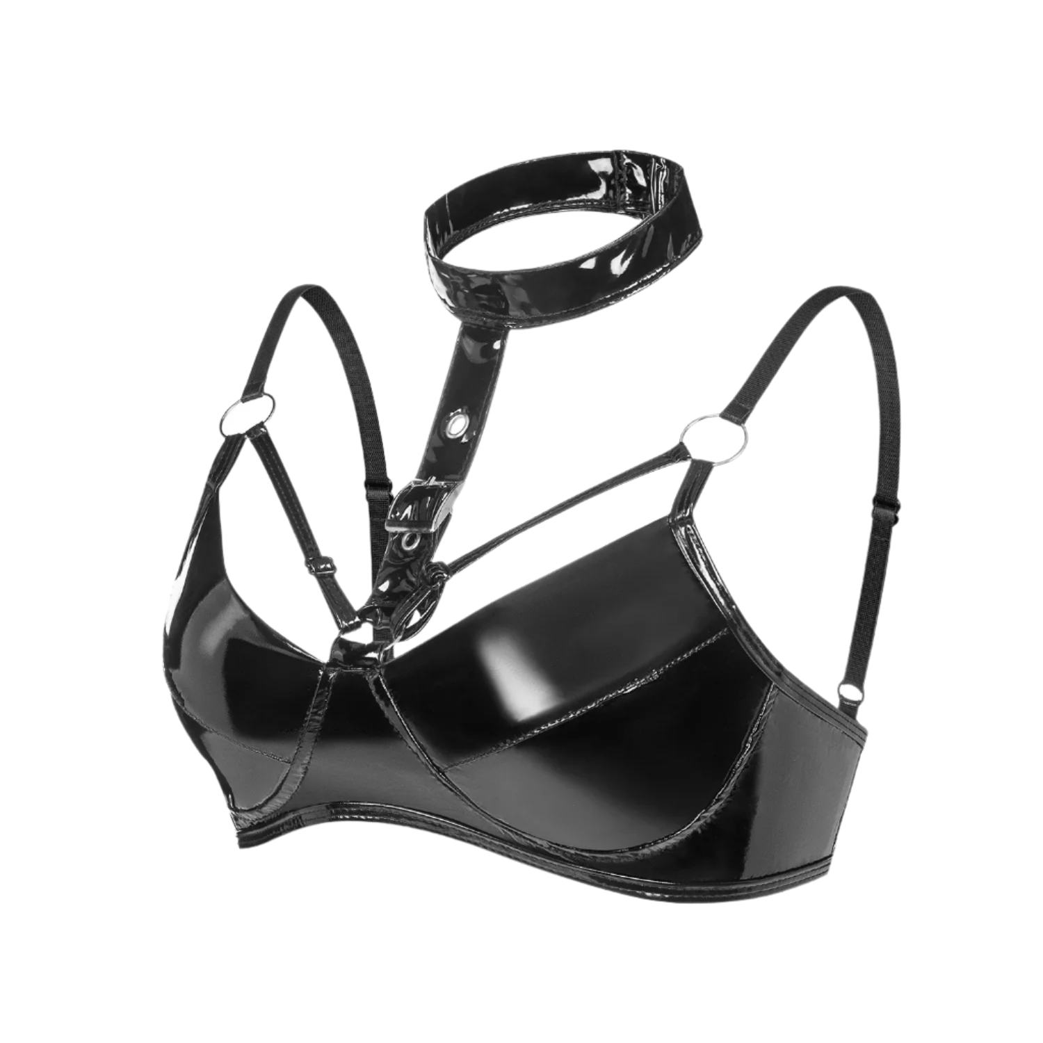 Black vinyl harness on a white background
