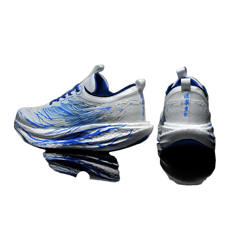 White and blue running shoes on a reflective black surface with promotional text overlay.