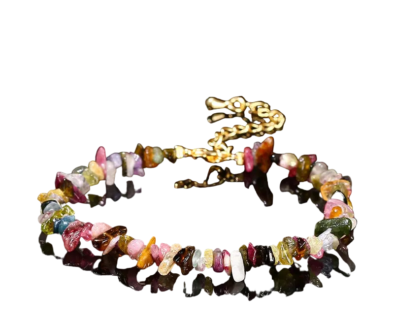Multicolored gemstone bracelet on a black background with 'Natural Tourmaline' text.