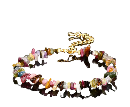 Multicolored gemstone bracelet on a black background with 'Natural Tourmaline' text.