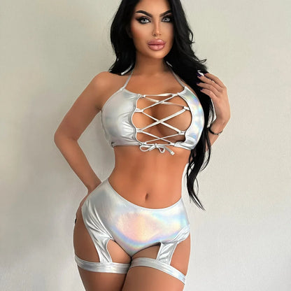 Split set sexy hollow suspender vest laser leg loop shorts two-piece set