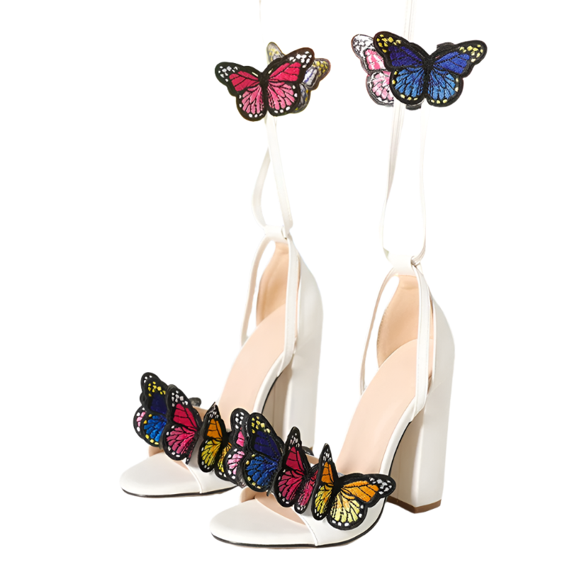 White open toe sandals with handwork butterfly embroidery and lace-up high heels perfect for resort party dress occasions and wedding events
