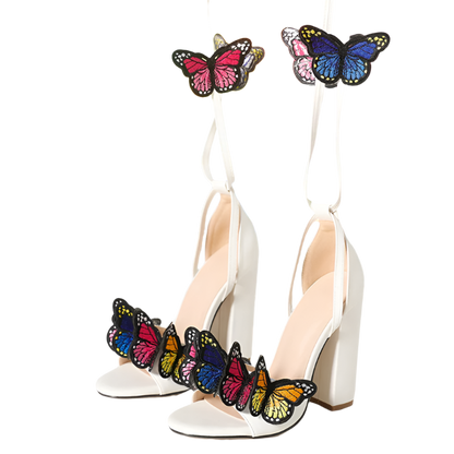 White open toe sandals with handwork butterfly embroidery and lace-up high heels perfect for resort party dress occasions and wedding events
