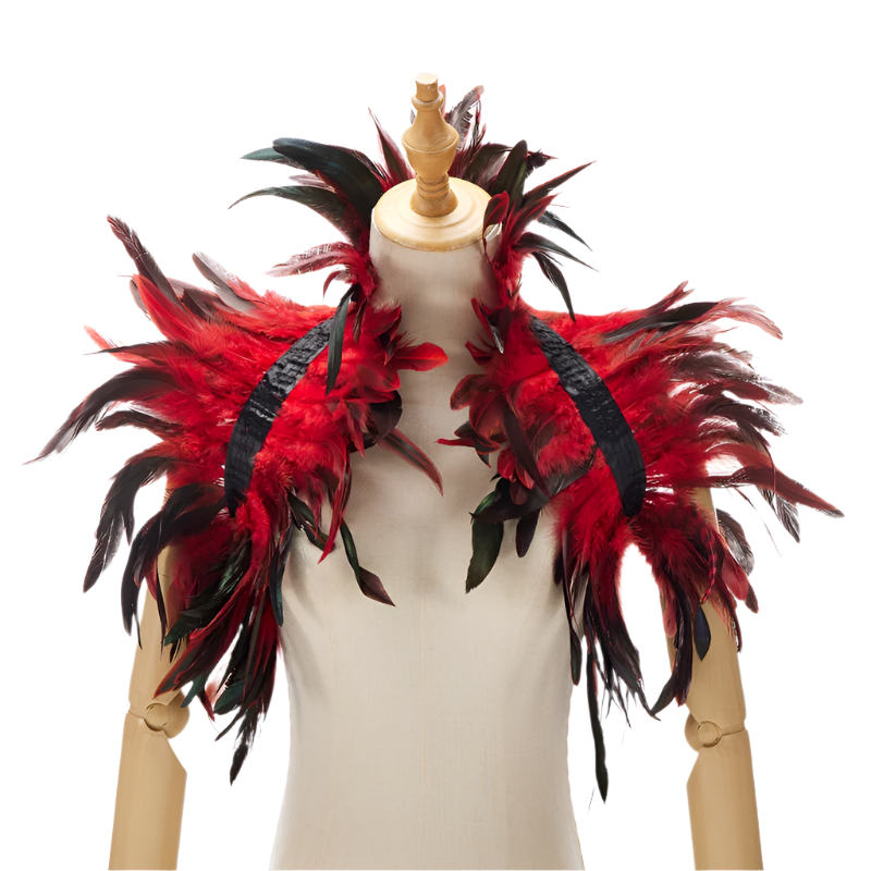  Feather Shoulder Piece: A vibrant feather shoulder piece displayed on a mannequin, with black accents and a striking, textured design.