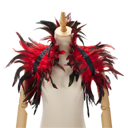  Feather Shoulder Piece: A vibrant feather shoulder piece displayed on a mannequin, with black accents and a striking, textured design.