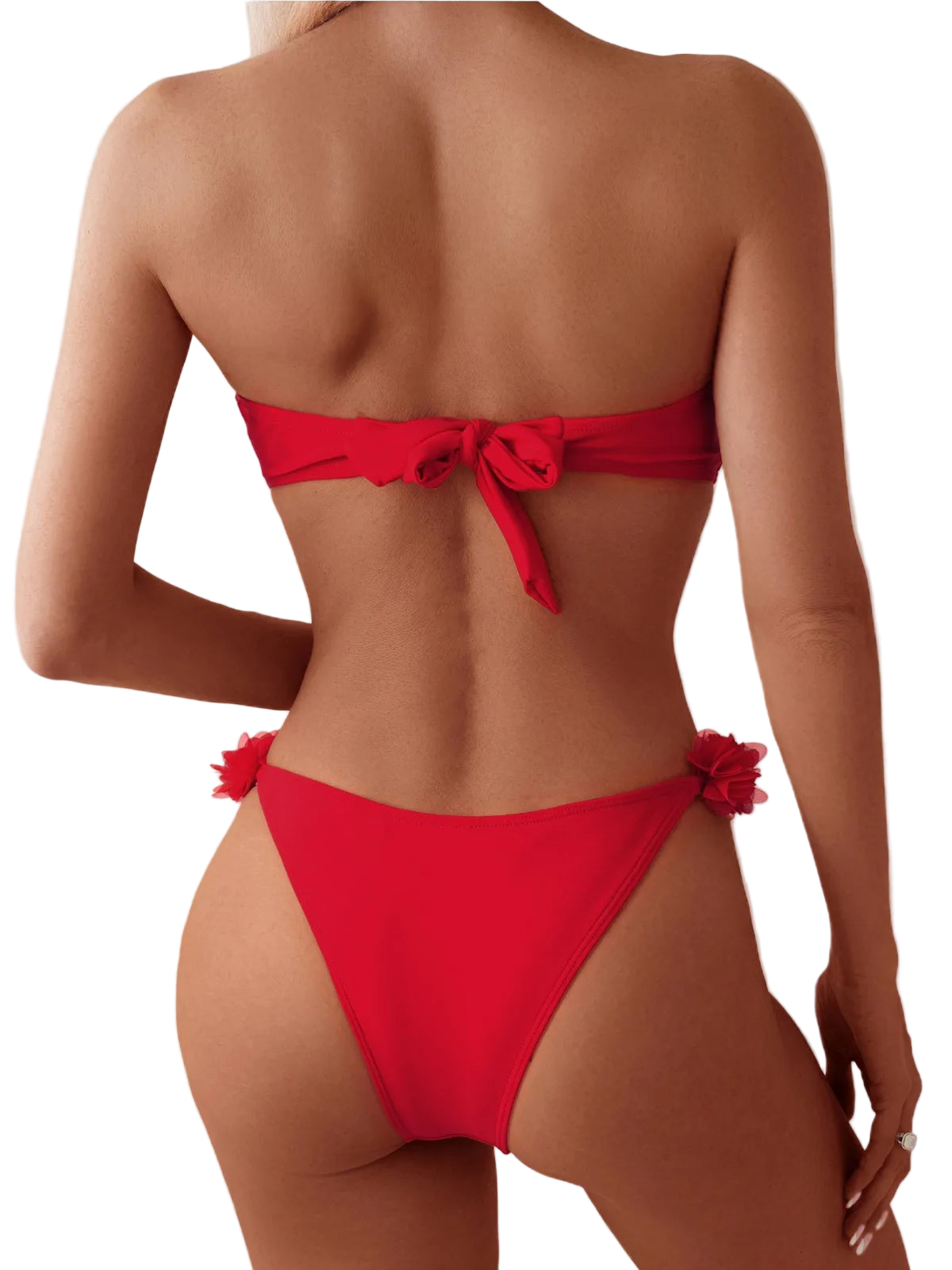 Red bikini with floral details on a plain background