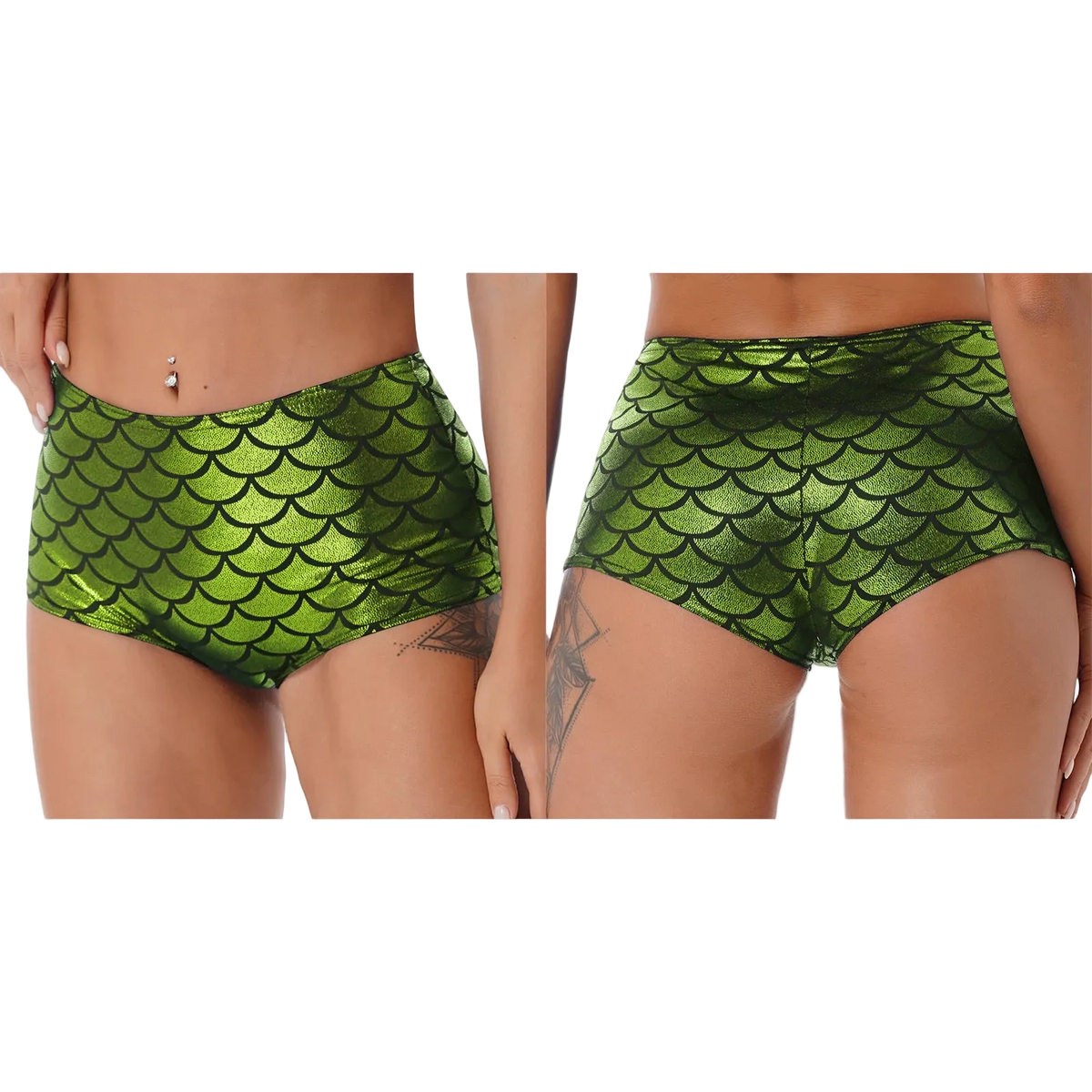 Two views of a pair of women's high-waisted bikini bottoms featuring a metallic olive green and black mermaid scale pattern, shown on a model against a white background.