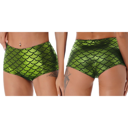 Two views of a pair of women's high-waisted bikini bottoms featuring a metallic olive green and black mermaid scale pattern, shown on a model against a white background.