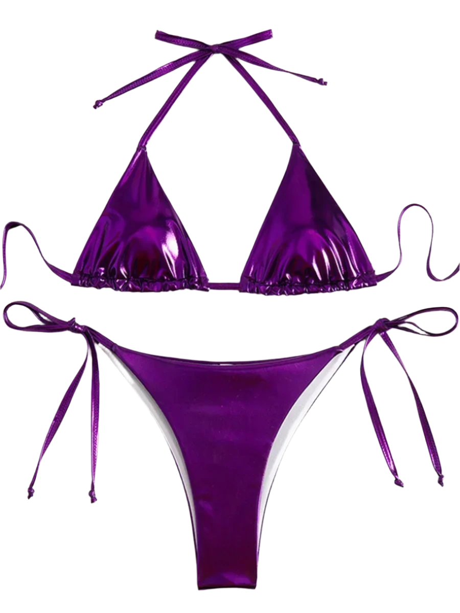 A shiny, iridescent bikini in shades of  purple. It features a classic triangle top and tie-side bottoms, creating a vibrant and eye-catching beachwear style.