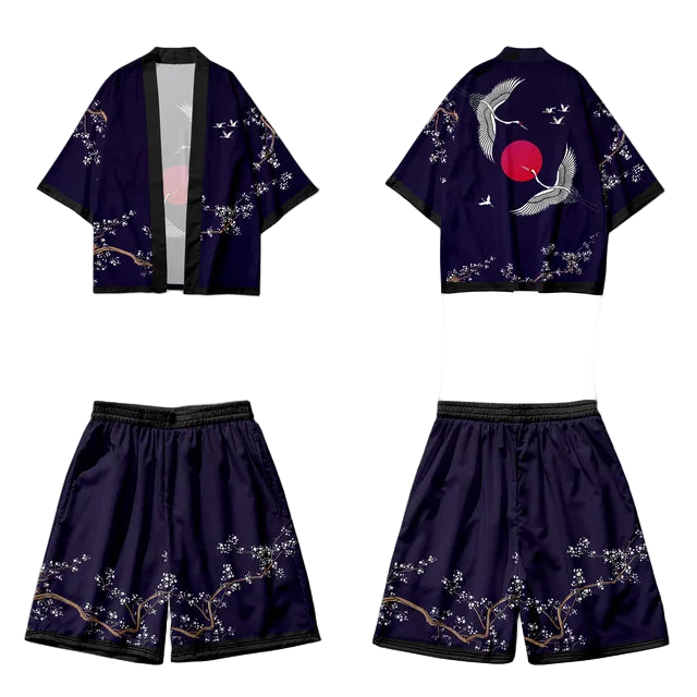 Navy blue kimono-style outfit with cherry blossom and bird designs on a white background.