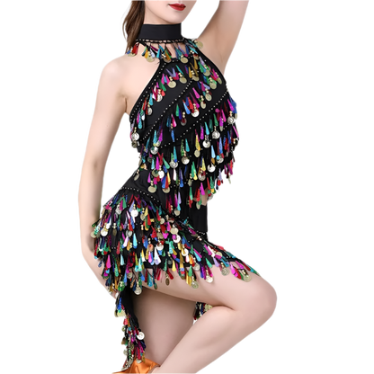  sequin coin tassel Latin dance set with fringe top and skirt for professional resort performances