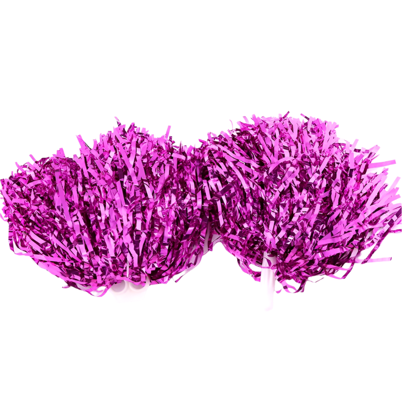 Two pink tinsel pom-poms with wire length and width specifications on a white background