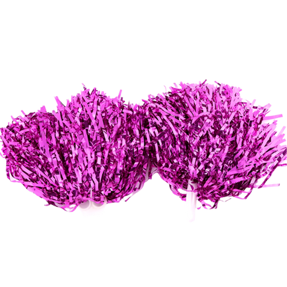 Two pink tinsel pom-poms with wire length and width specifications on a white background