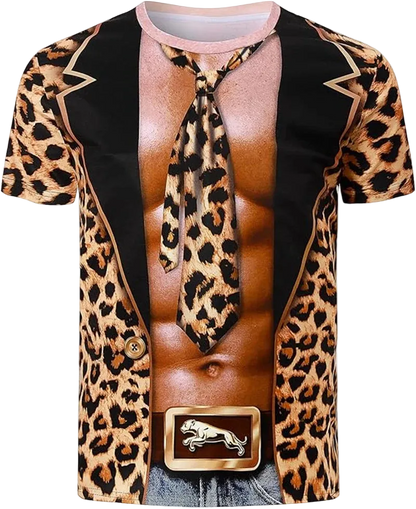 A short-sleeve crewneck t-shirt featuring a 3D graphic print of a muscular male torso wearing a leopard-print jacket, tie, and a belt with a leopard emblem, set against a plain white background.