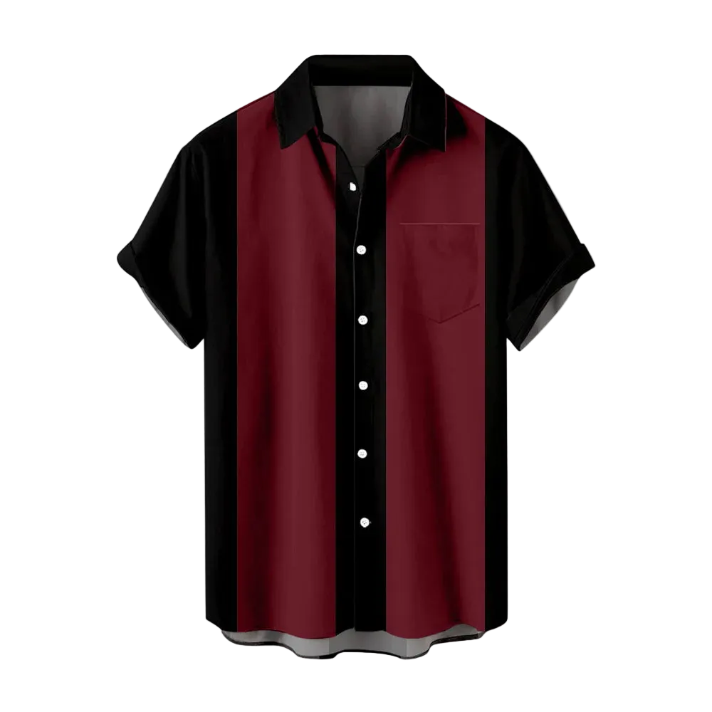 Red and black button-up shirt on a white background