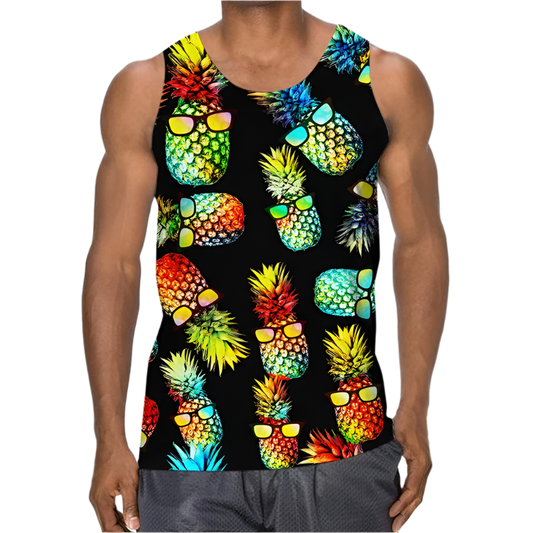 Tank top with a vibrant pattern of colorful pineapples wearing sunglasses against a black background. The pineapples are rendered in rainbow gradient colors from red to blue with neon effects.